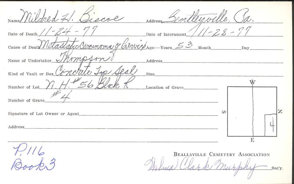 Mildred H. Biscoe burial card